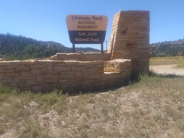 The Chimney Rock National Monument sign in San Juan National Forest