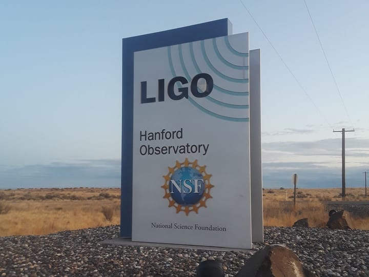 The LIGO Hanford Observatory entrance sign with the NSF logo