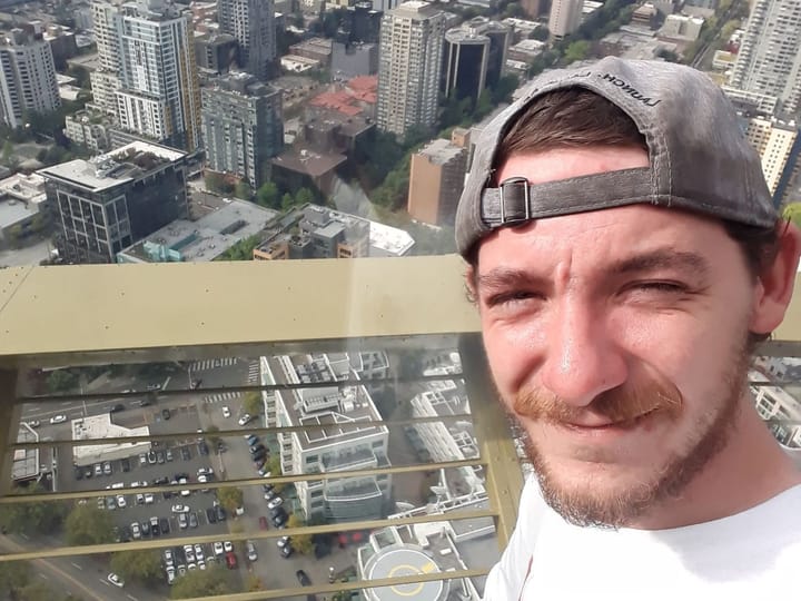 A selfie on the Space Needle's observation deck above downtown Seattle