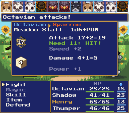 Octavian's Meadow Staff: attack 17+2=19 needs 11, hit, damage 4+1=5