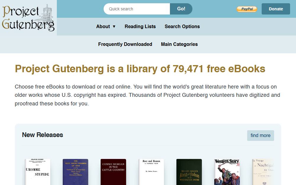 Screenshot of Project Gutenberg