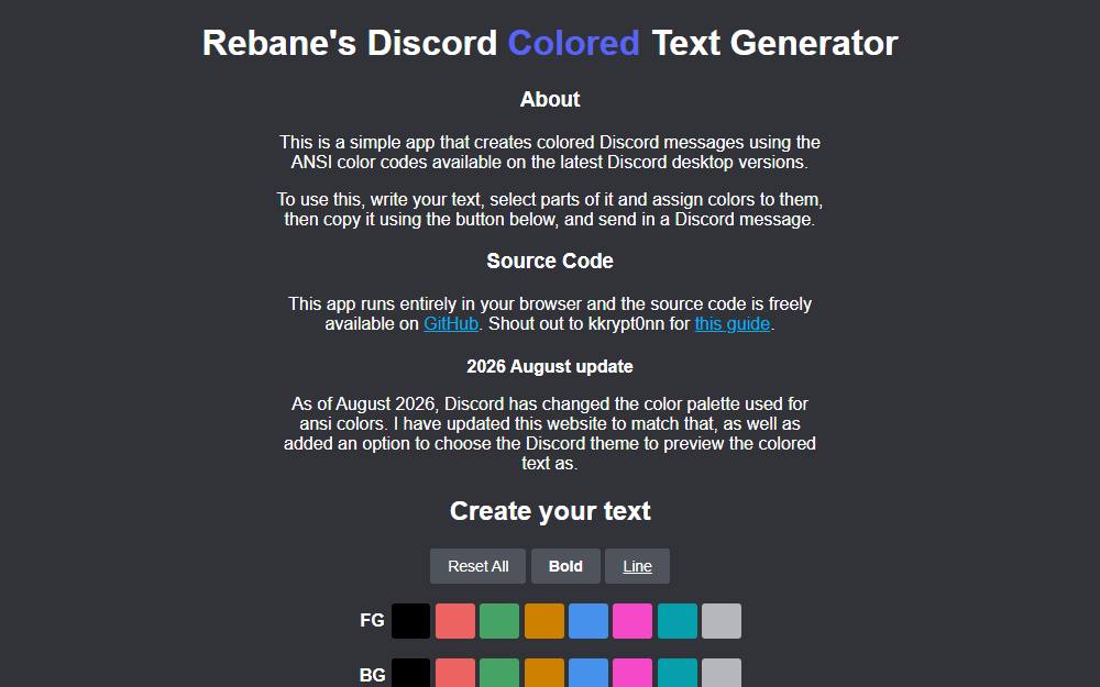 Screenshot of Rebane's Discord Colored Text Generator